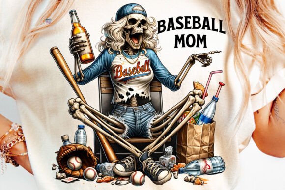 Overstimulated Baseball Mom PNG: Snarky Skeleton Design for Merch